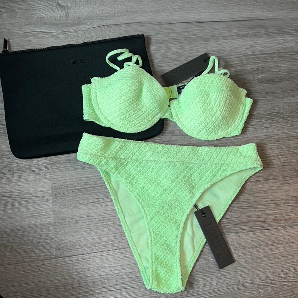 Triangl Lime Green swimsuit set with bag.